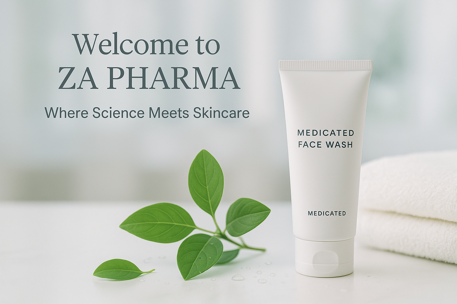 A clean, soft-toned flat-lay or lifestyle image showing a minimalist medicated facewash tube (unbranded or labeled 'ZA PHARMA') placed next to green leaves, a towel, and water drops. In the background, soft natural lighting and a blurred bathroom setting. Text overlay: 'Welcome to ZA PHARMA – Where Science Meets Skincare'. The design should feel fresh, soothing, and professional — ideal for new customers in the skincare space