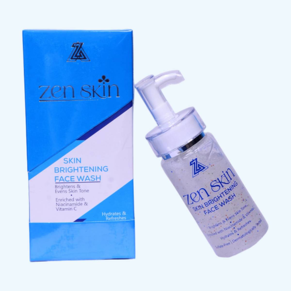 Zen Skin skin brightening face wash bottle and packaging on a white background