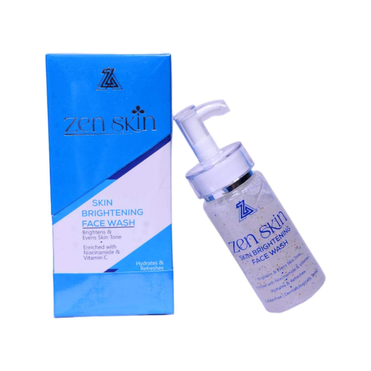 Zen Skin skin brightening face wash with packaging on a white background