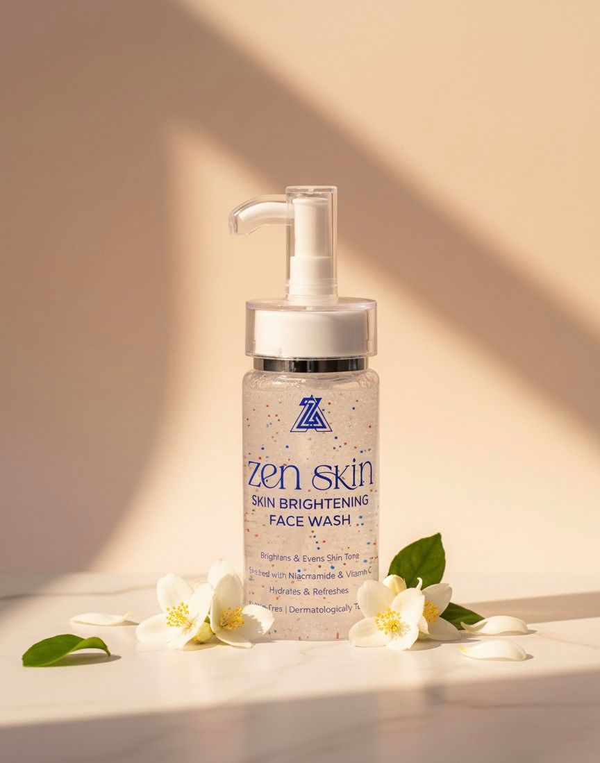 Zen Skin face wash bottle on a light surface with flowers