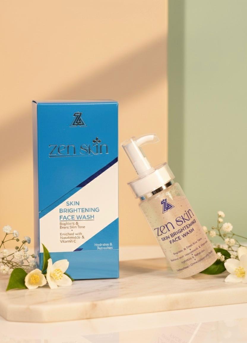 Zen Skin skin brightening face wash bottle and packaging on a light surface with flowers.